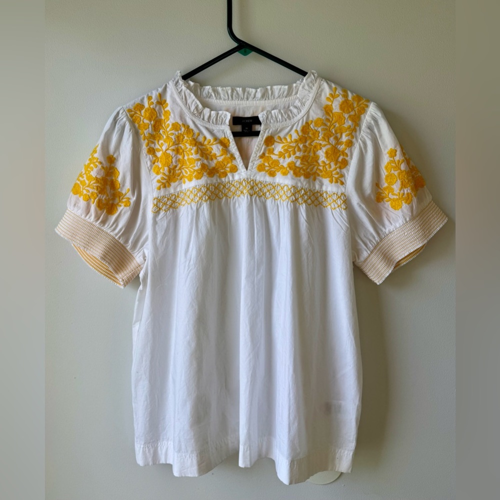 J. Crew White Blouse with Yellow Embroidery